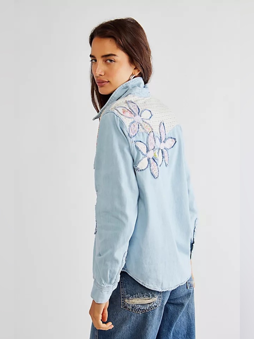 Rialto x free people Effie denim floral patchwork button down denim shirt size M